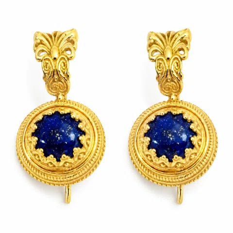 Natural Lapis Lazuli Ancient Greek Antefix Earrings: Sterling Silver Gold-Filled Filigree,