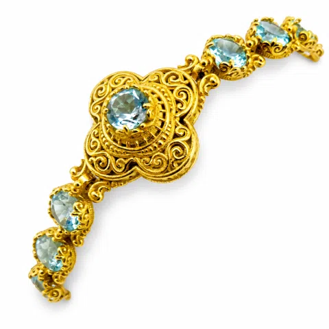 Byzantine Filigree Gemstone Beaded Cross Bracelet: Genuine topaz on 18K Gold Filled silver