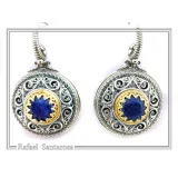 Lapis Lazuli Earrings Byzantine Ornaments Decorated with Filigree Bezel: Oxidized and Gold-Filled Sterling Silver