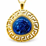 Alexander the Macedon coin silver necklace with Greek key 18k gold filled & sky-blue enamel.