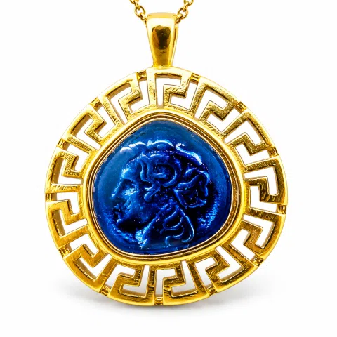 Alexander the Macedon coin silver necklace with Greek key 18k gold filled & sky-blue enamel.