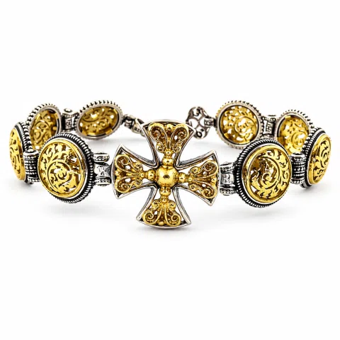 Byzantine Cross beaded Bracelet: handmade 18k Gold Filled and Oxidized Sterling Silver