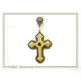 Genuine Sky-Blue Topaz Byzantine Filigree Cross Necklace: Silver oxidised & 18K Gold filled