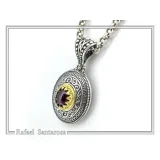Natural Red Garnet Byzantine Filigree Pendant: Oxidized and 18k Gold Filled Sterling Silver