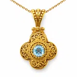 Byzantine Cross Sky-Blue Topaz Pendant: Handmade Filigree 18k Gold Filled Sterling Silver Necklace