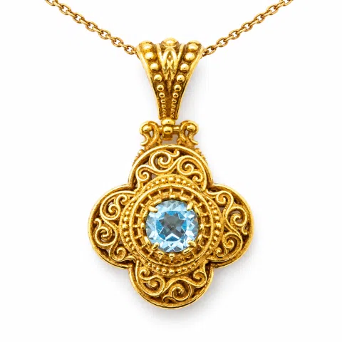 Byzantine Cross Sky-Blue Topaz Pendant: Handmade Filigree 18k Gold Filled Sterling Silver Necklace