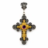 African Genuine Amethyst Byzantine Cross Necklace: Oxidized Sterling Silver & 18K Gold Filled