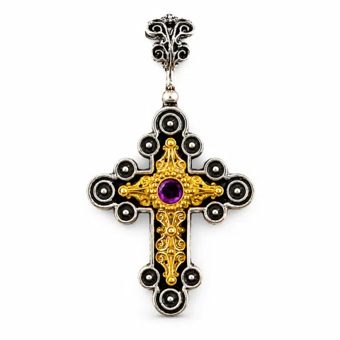 African Genuine Amethyst Byzantine Cross Necklace: Oxidized Sterling Silver & 18K Gold Filled