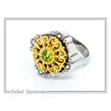 Natural Peridot Byzantine Ring: Oxidised and Gold-Filled Filigree Sterling Silver Statement Ring
