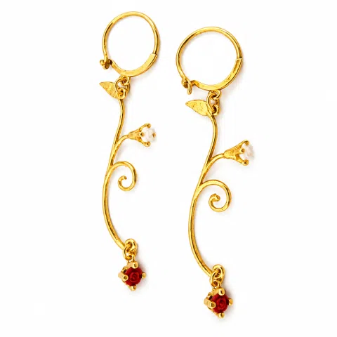 Gold-Filled Sterling Silver Rose Earrings: Red & White Alabaster Flowers