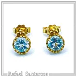 18K Solid Gold Filigree Earrings with Natural Sky-Blue Topaz Brilliant Cut and Byzantine Decoration