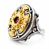 Byzantine Natural Garnet Ring for Her: Oxidized and 18K Gold filled Sterling Silver