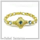 18K Gold Beaded Bracelet Handcrafted Byzantine Cross Filigree: Natural Genuine Sky-Blue Topaz Gemstones