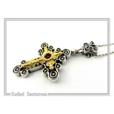 Byzantine Religious Cross Pendant Sterling Silver Oxidised 18k Gold Filled Garnet Necklace