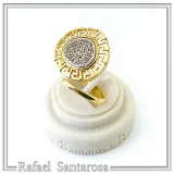 Greek Calendar Phaistos Disc on Greek Key Ring: Oxidized Sterling Silver, 18K Gold Filled