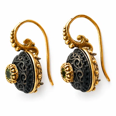 Byzantine Filigree Natural Gemstones Silver Earrings: Oxidised black and Gold-Filled silver