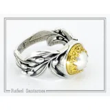 Natural Lapis or Pearl Floral Olive Branch Ring: Oxidized Sterling Silver Gold Filled Filigree