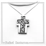 Boho Cross Necklace: Brutalist Floral Oxidized Sterling Silver Pendant