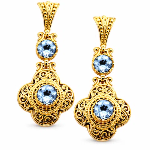 Byzantine Filigree Drop Earrings: Sterling Silver 18K Gold-Filled, Natural Topaz