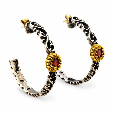 Natural Red Garnet Byzantine sculpture decorated Hoop Earrings: Oxidized & 18K Gold Filled Sterling Silver