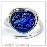 Athena Owl Coin Tetradrachm Ring Museum Replica: Transparent Blue Enamel on Sterling Silver Coin