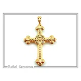 18K Solid Gold Natural Brilliant Cut Sky Blue Topaz Byzantine Filigree Cross Pendant