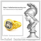 Tetradrachm Athena Owl Replica Greek Coin Ring, Antefix Filigree decoration: Sterling Silver oxidized & Gold-Filled