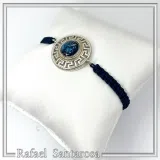 Sterling Silver Athena Promachos Bracelet Greek Key Tetradrachm Sky Blue Enamel Macrame Cord Viscose