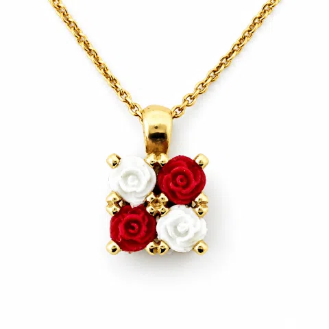 Alabaster Rose Flowers Gems Bouquet Square Necklace: Red &White Roses, Silver 18K Gold Filled.