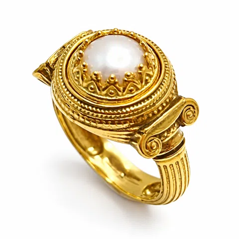 Ancient Greek Temple Ionic Column Natural Pearl Ring 18K Gold-Filled Sterling Silver, Museum Inspired