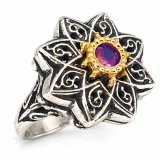 Natural African Amethyst Byzantine Ring: Oxidized Silver & 18k Gold Filled Filigree Bezel