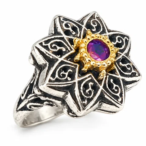 Natural African Amethyst Byzantine Ring: Oxidized Silver & 18k Gold Filled Filigree Bezel