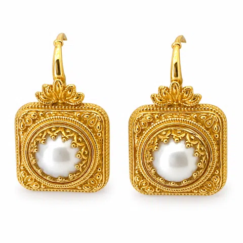 Ancient Greek Pearl Earrings: Sterling Silver 18K Gold-Filled Filigree Byzantine way Decoration