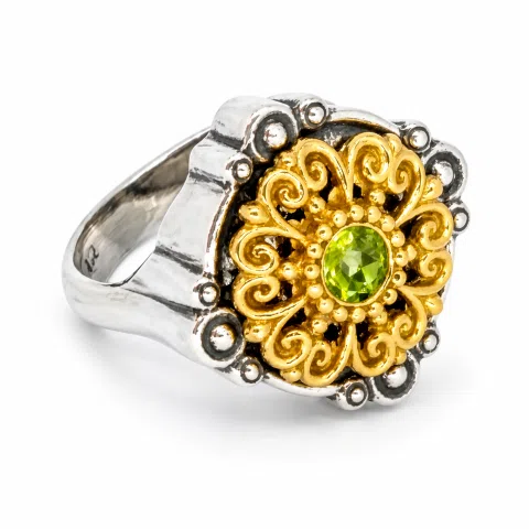 Natural Peridot Byzantine Ring: Oxidised and Gold-Filled Filigree Sterling Silver Statement Ring