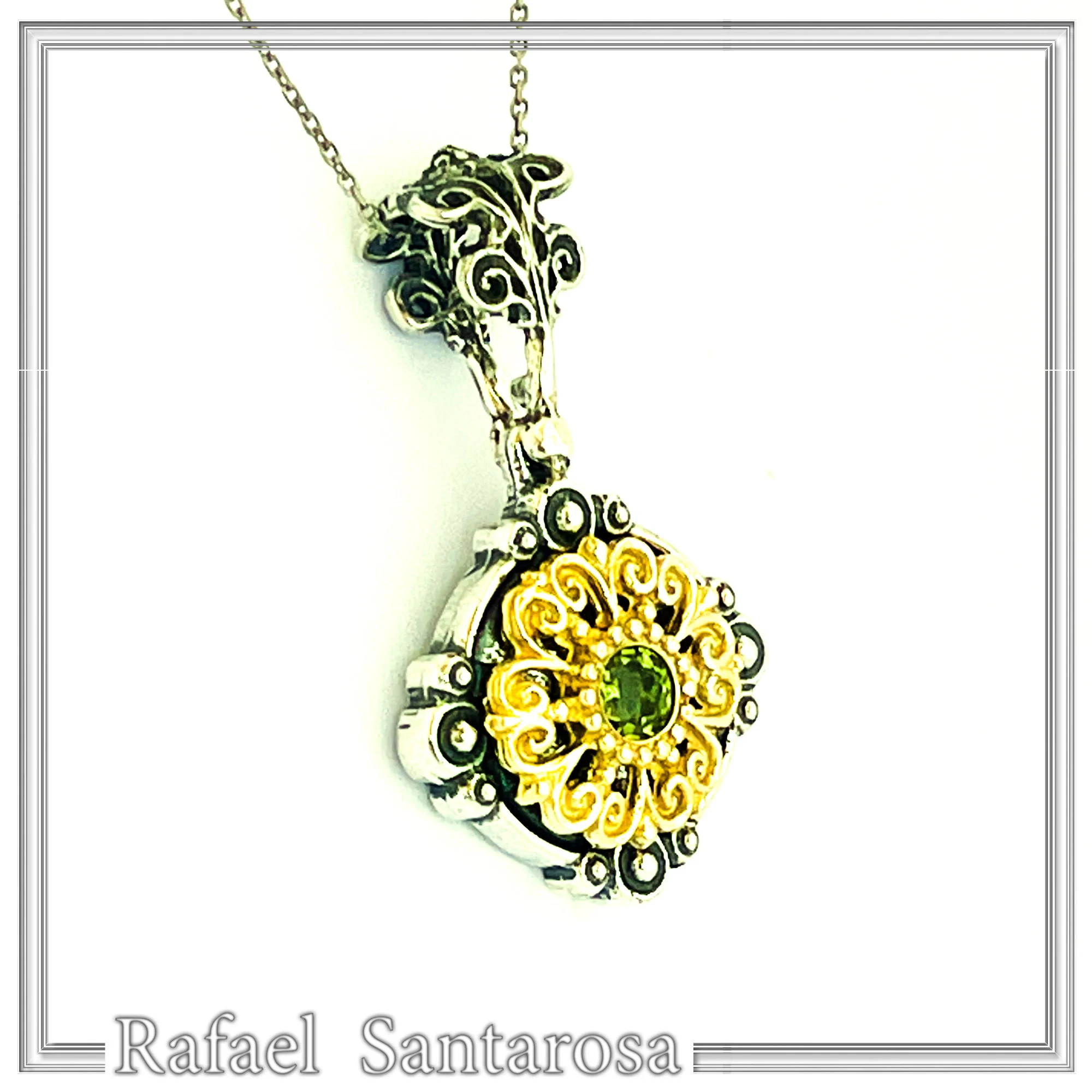 Genuine Peridot Gemstone Filigree Necklace: Sterling Silver Oxidised & Gold Filled Byzantine Pendant