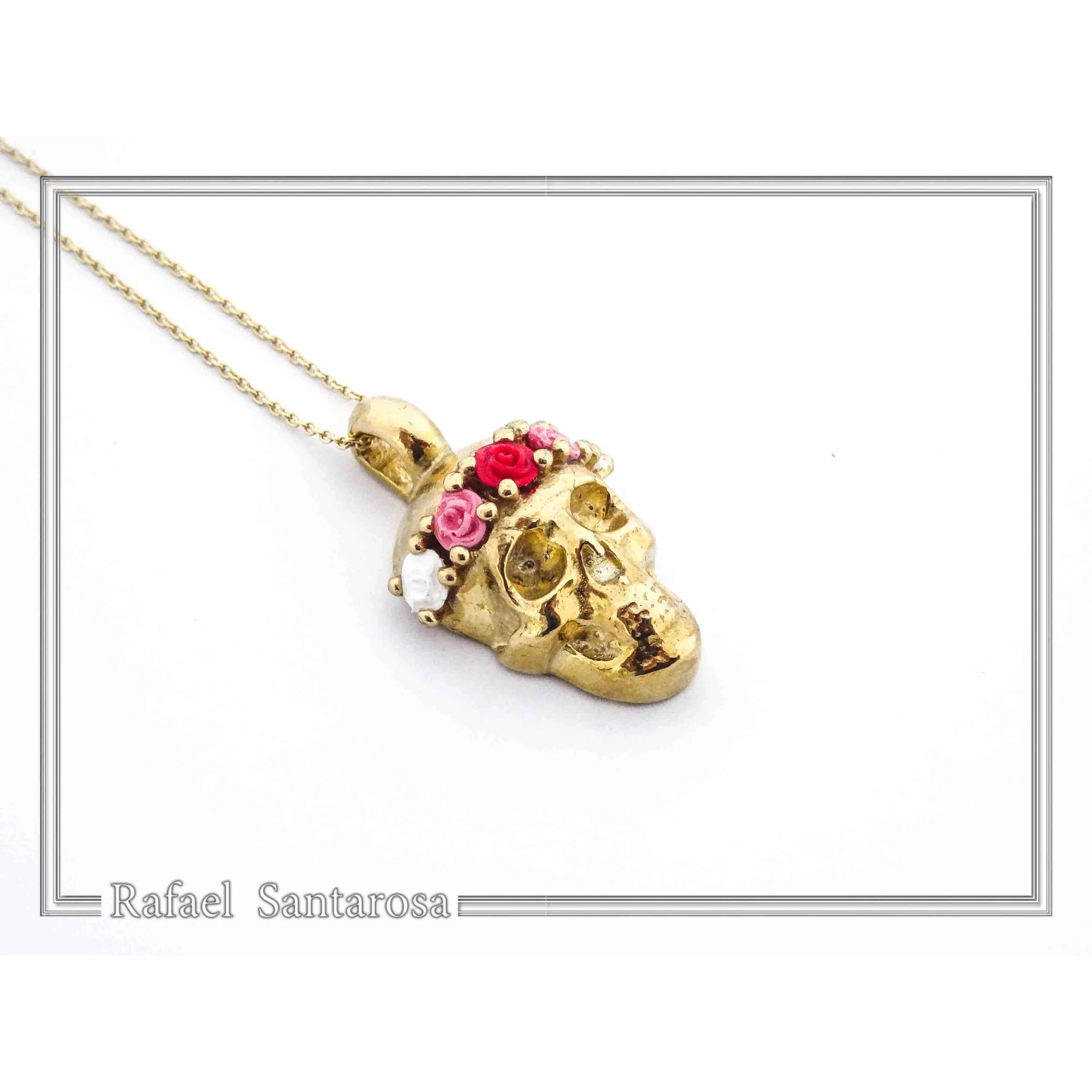 Skull With Rose Flowers Wreath Gothic Necklace: Sterling Silver 18K Gold Filled Pendant — additional product image 2 from Rafael Santarosa Fine Jewelry