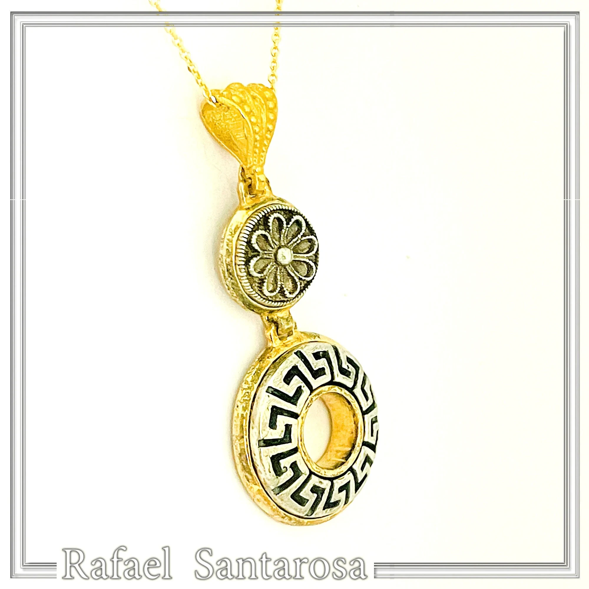 Greek Key & Greek Flower Dangle Necklace: Oxidized Sterling Silver Meander in 18K Gold-Filled Base — additional product image 6 from Rafael Santarosa Fine Jewelry