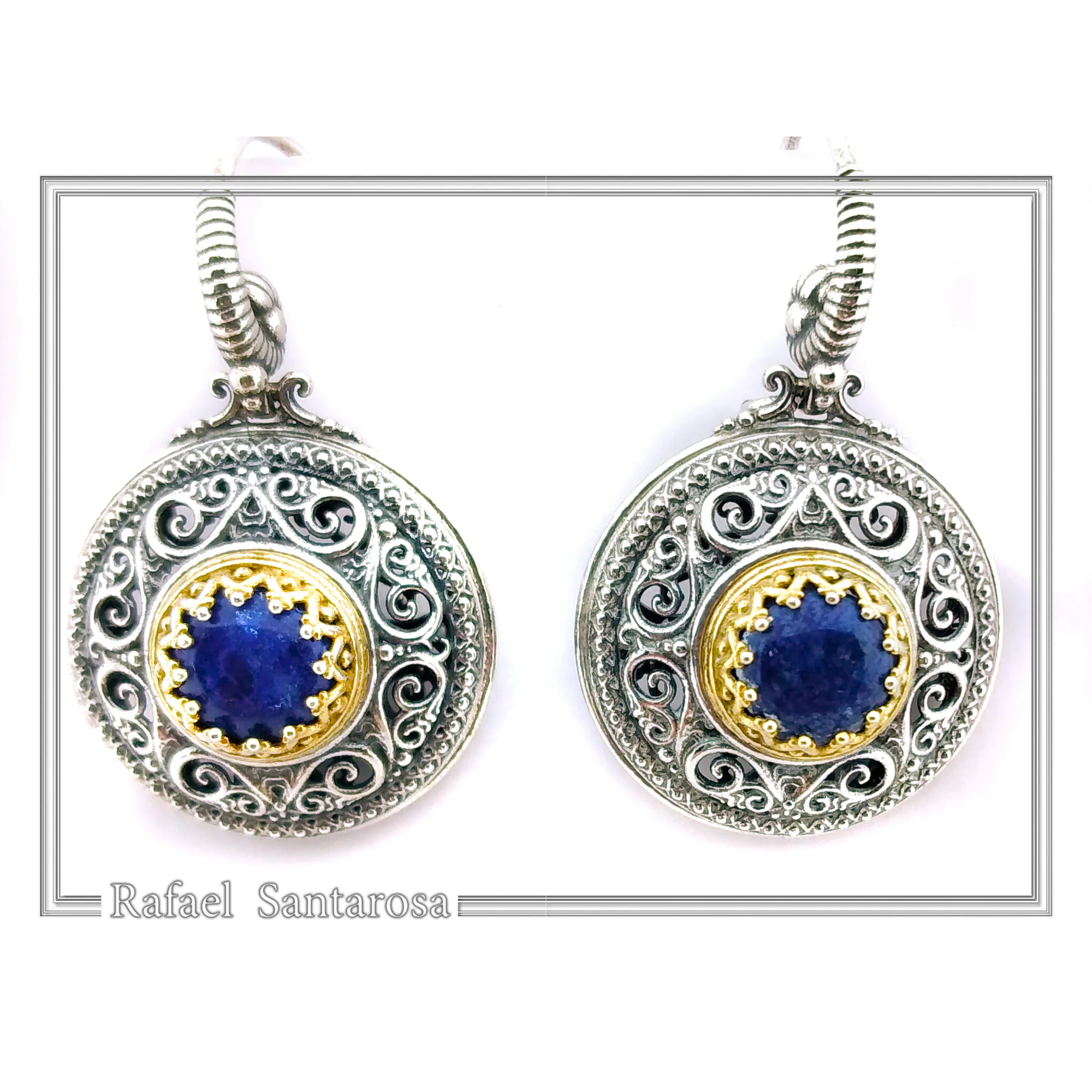 Lapis Lazuli Earrings Byzantine Ornaments Decorated with Filigree Bezel: Oxidized and Gold-Filled Sterling Silver — additional product image 6 from Rafael Santarosa Fine Jewelry