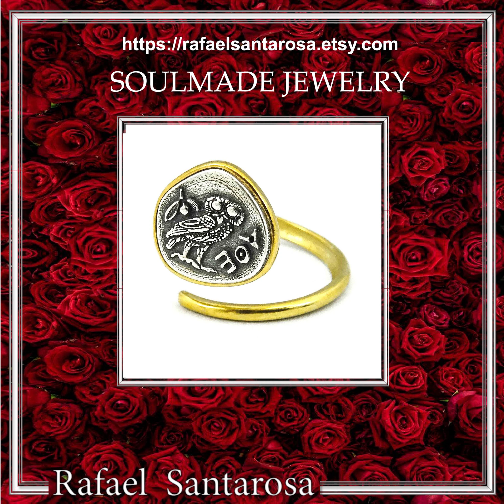 Goddess Athena Owl Wisdom symbol Greek Coin Ring: Oxidized Sterling Silver, 18k Gold-Filled — additional product image 10 from Rafael Santarosa Fine Jewelry