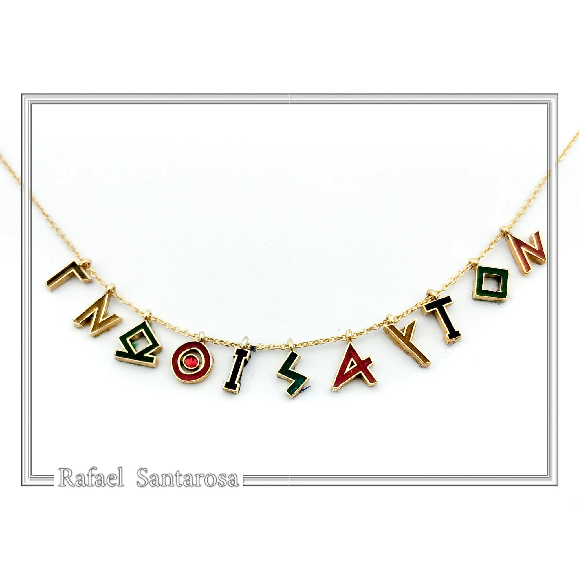 Know Yourself Greek Philosopher Socrates Saying Necklace: Sterling Silver 18K Gold Filled, Multicolored Enamel — additional product image 3 from Rafael Santarosa Fine Jewelry