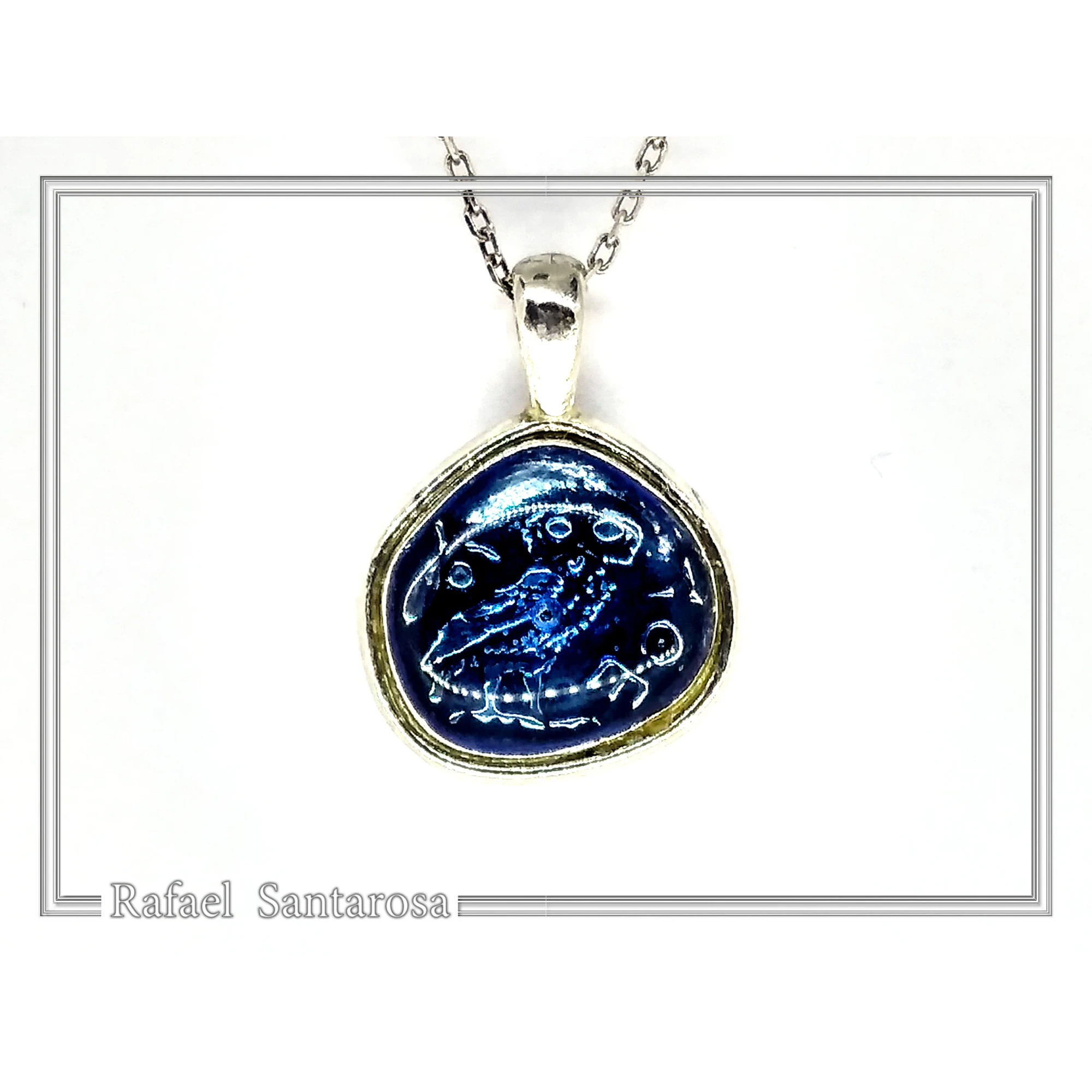 Athena's Owl Symbol of Wisdom Coin Pendant: Blue Enamel, Oxidized Sterling Silver — additional product image 6 from Rafael Santarosa Fine Jewelry