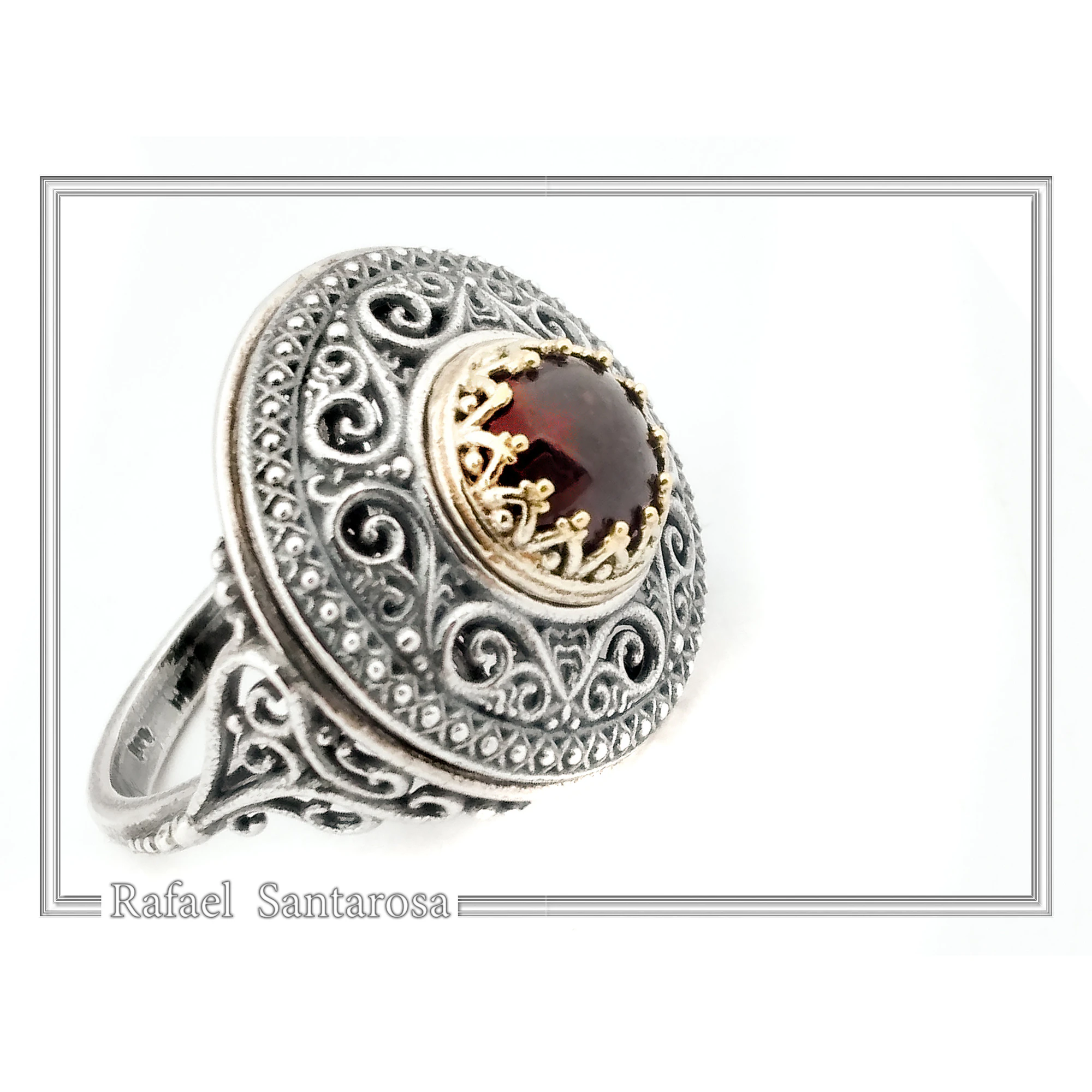 Genuine Red Garnet Byzantine Hand Sculptured Ring: Sterling Silver Oxidized and 18K Gold Filled — additional product image 2 from Rafael Santarosa Fine Jewelry
