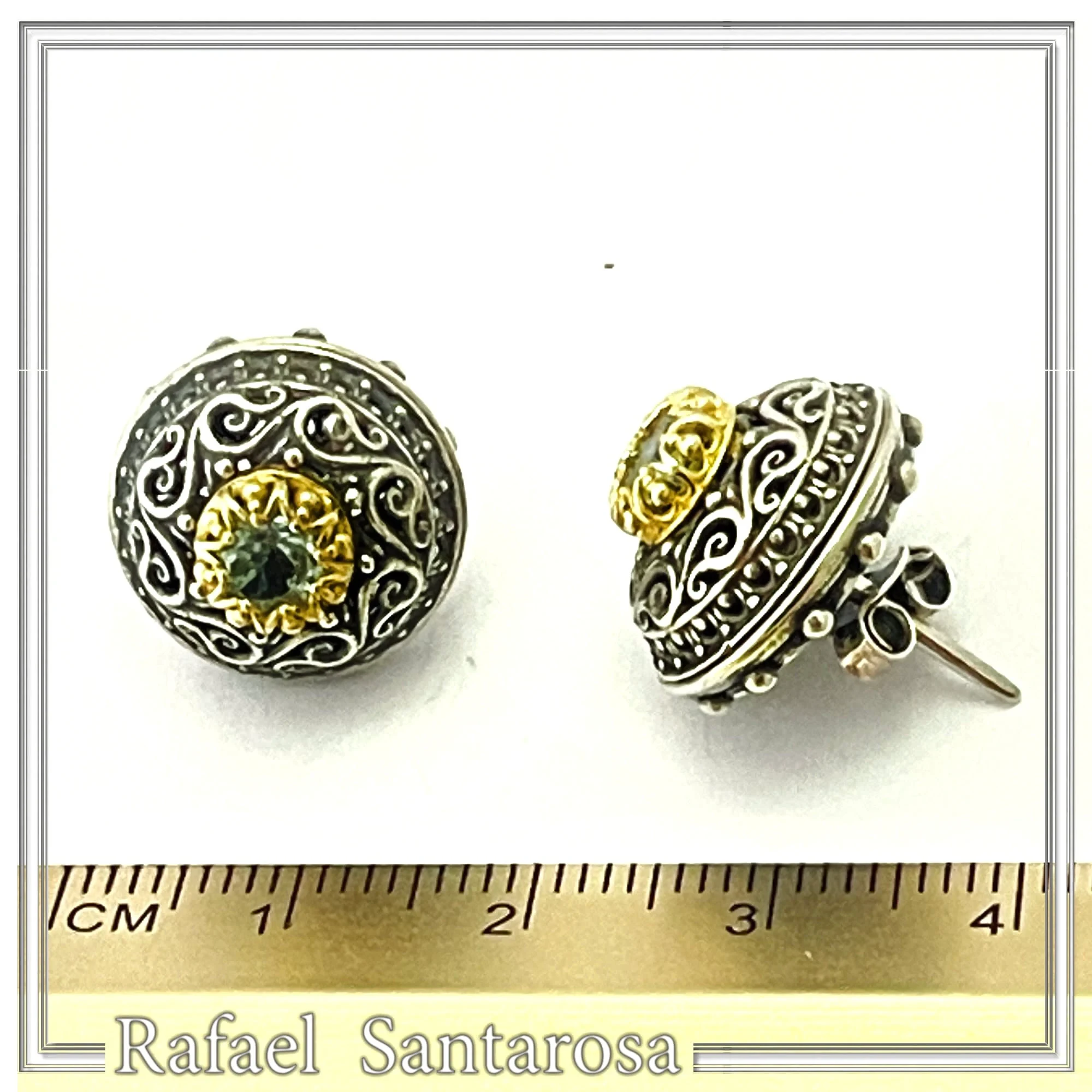 Byzantine Filigree Genuine Blue Topaz Stud Earrings: Oxidised & 18K Gold Filled Sterling Silver — additional product image 9 from Rafael Santarosa Fine Jewelry