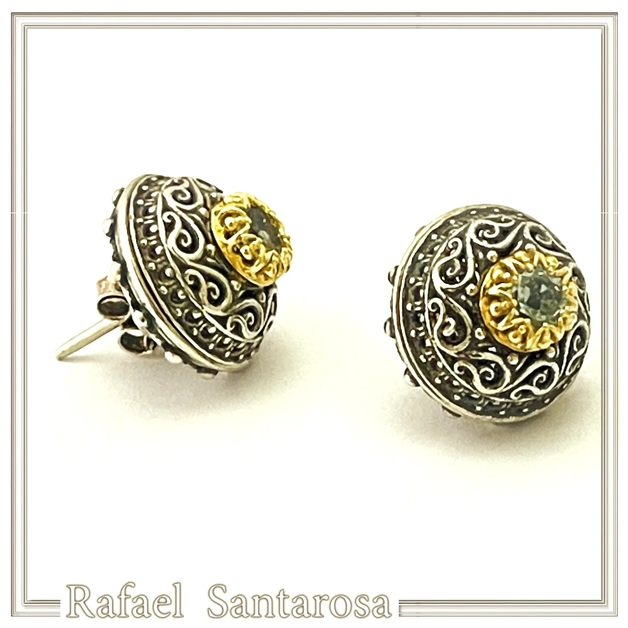 Byzantine Filigree Genuine Blue Topaz Stud Earrings: Oxidised & 18K Gold Filled Sterling Silver — additional product image 4 from Rafael Santarosa Fine Jewelry