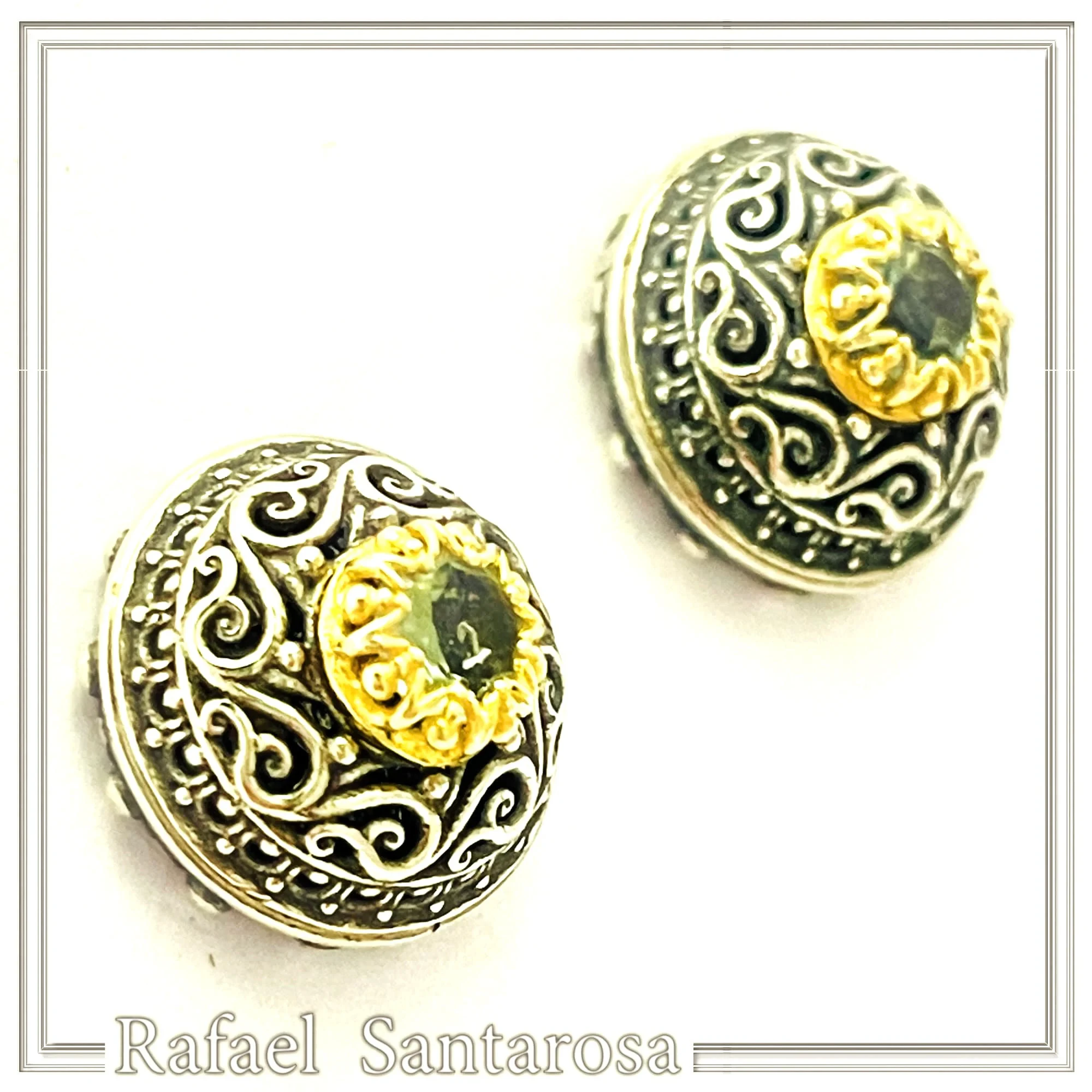 Byzantine Filigree Genuine Blue Topaz Stud Earrings: Oxidised & 18K Gold Filled Sterling Silver — additional product image 5 from Rafael Santarosa Fine Jewelry