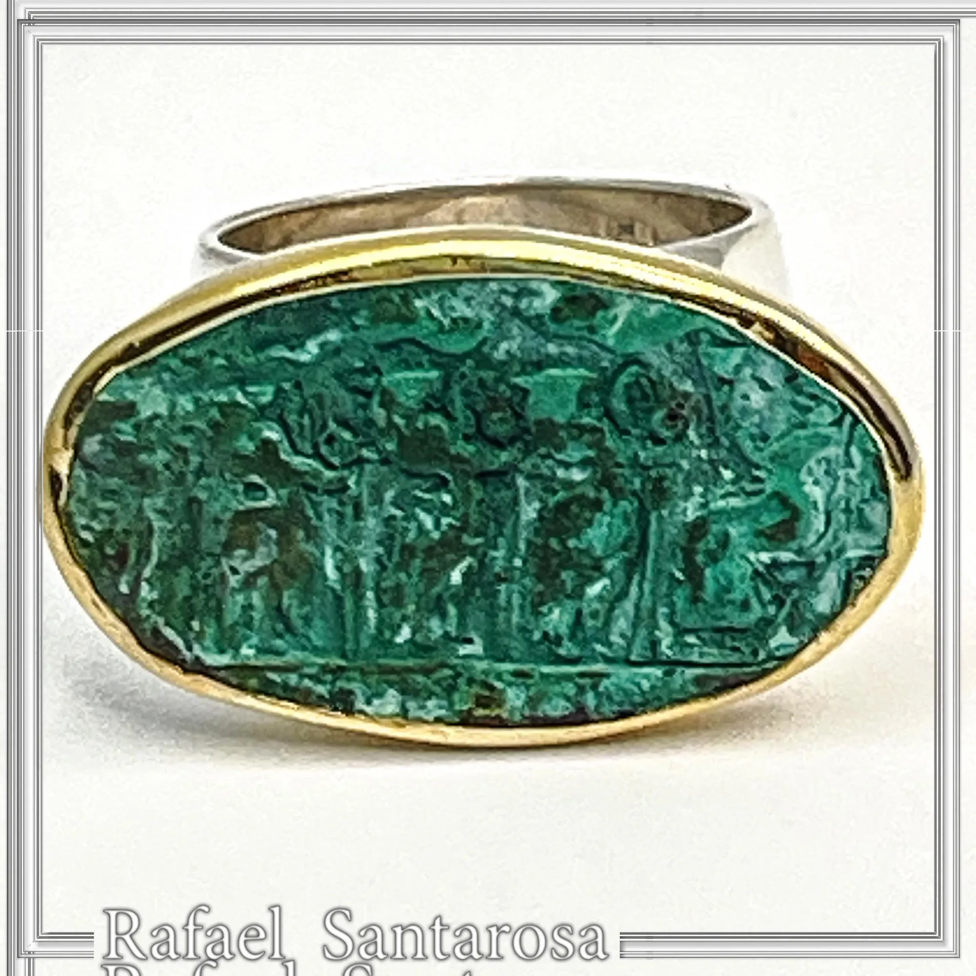 Minoan Sacred Scene Ring, Oxidised Copper, 14K Gold Bezel, Sterling Silver Band — additional product image 5 from Rafael Santarosa Fine Jewelry