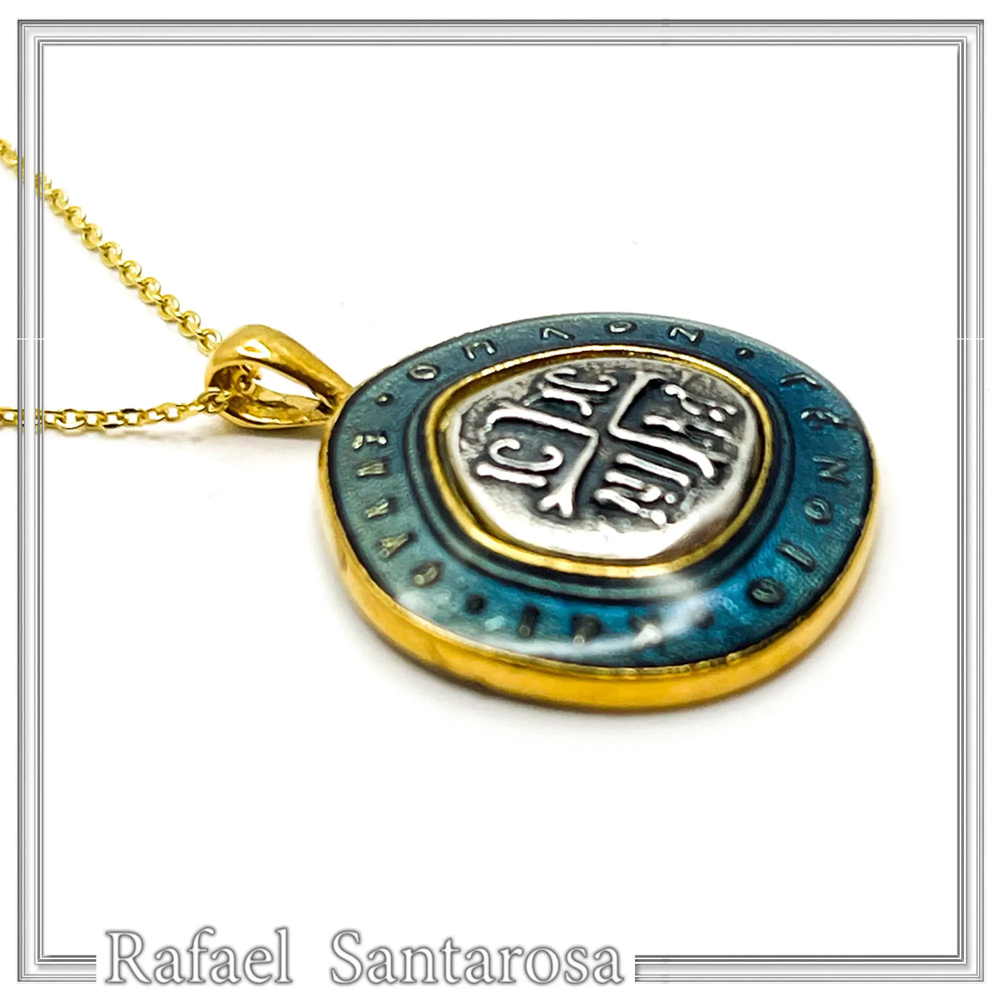 Byzantine Christian Prayer Talisman Necklace: Oxidized Sterling Silver, 18K Gold-Filled, Transparent Blue Enamel