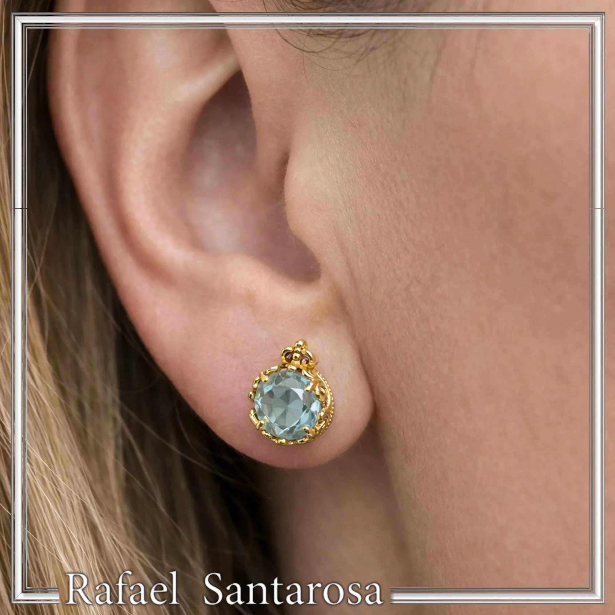 18K Solid Gold Filigree Earrings with Natural Sky-Blue Topaz Brilliant Cut and Byzantine Decoration — additional product image 3 from Rafael Santarosa Fine Jewelry
