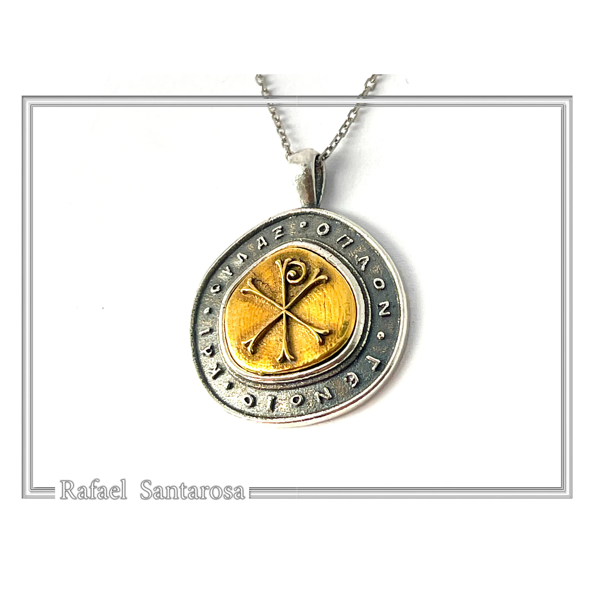 18k Gold Chi Ro Christogram on Oxidized Sterling Silver Pendant: Byzantine prayer inscription Talisman — additional product image 4 from Rafael Santarosa Fine Jewelry