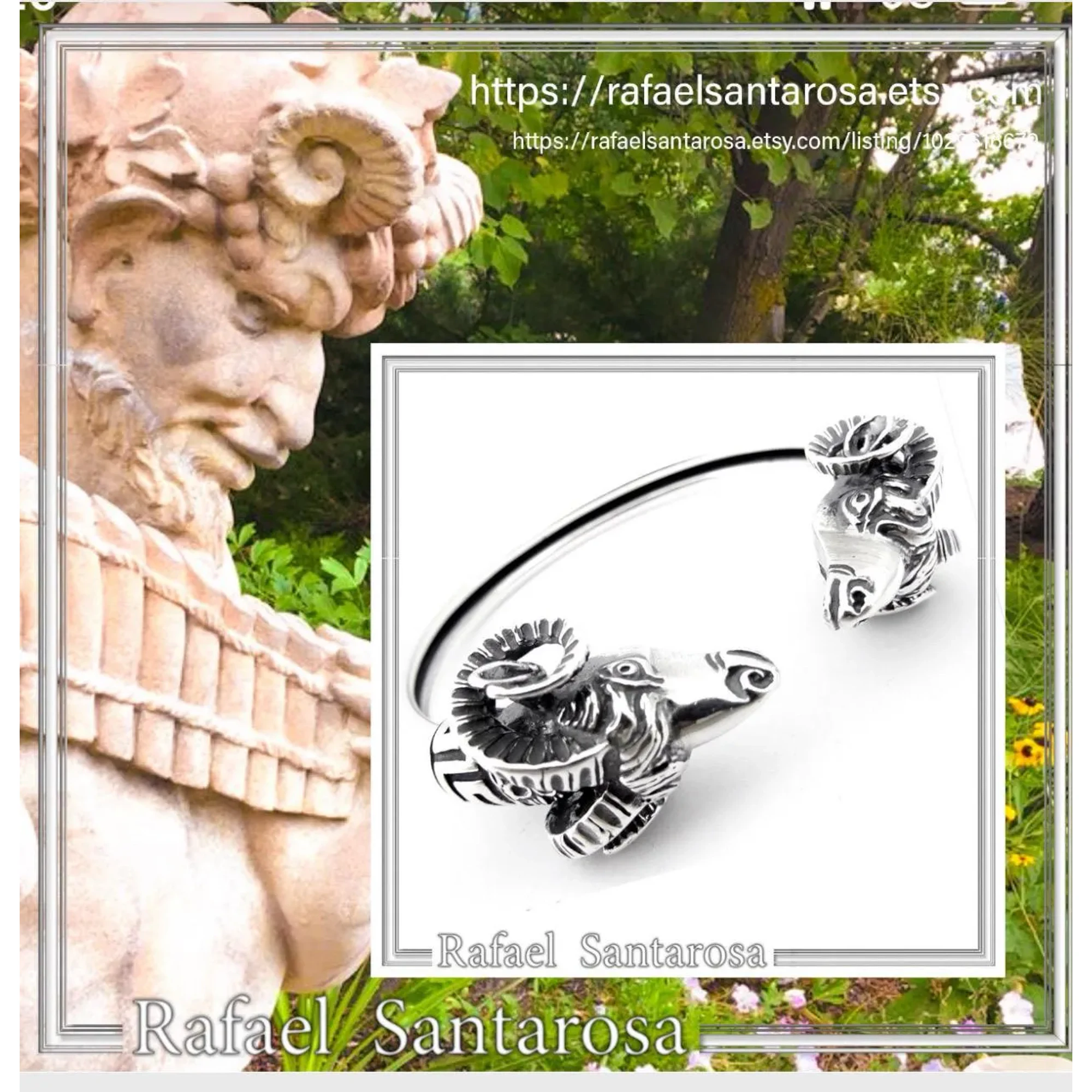 Ram Head Bangle Handmade Sterling Silver: Greek God Pan Symbol, Capricorn zodiac — additional product image 10 from Rafael Santarosa Fine Jewelry